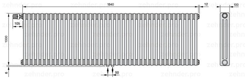 Схема (чертеж) Радиатор Zehnder Charleston 3100/40 №V007 Белый глянцевый RAL 9016